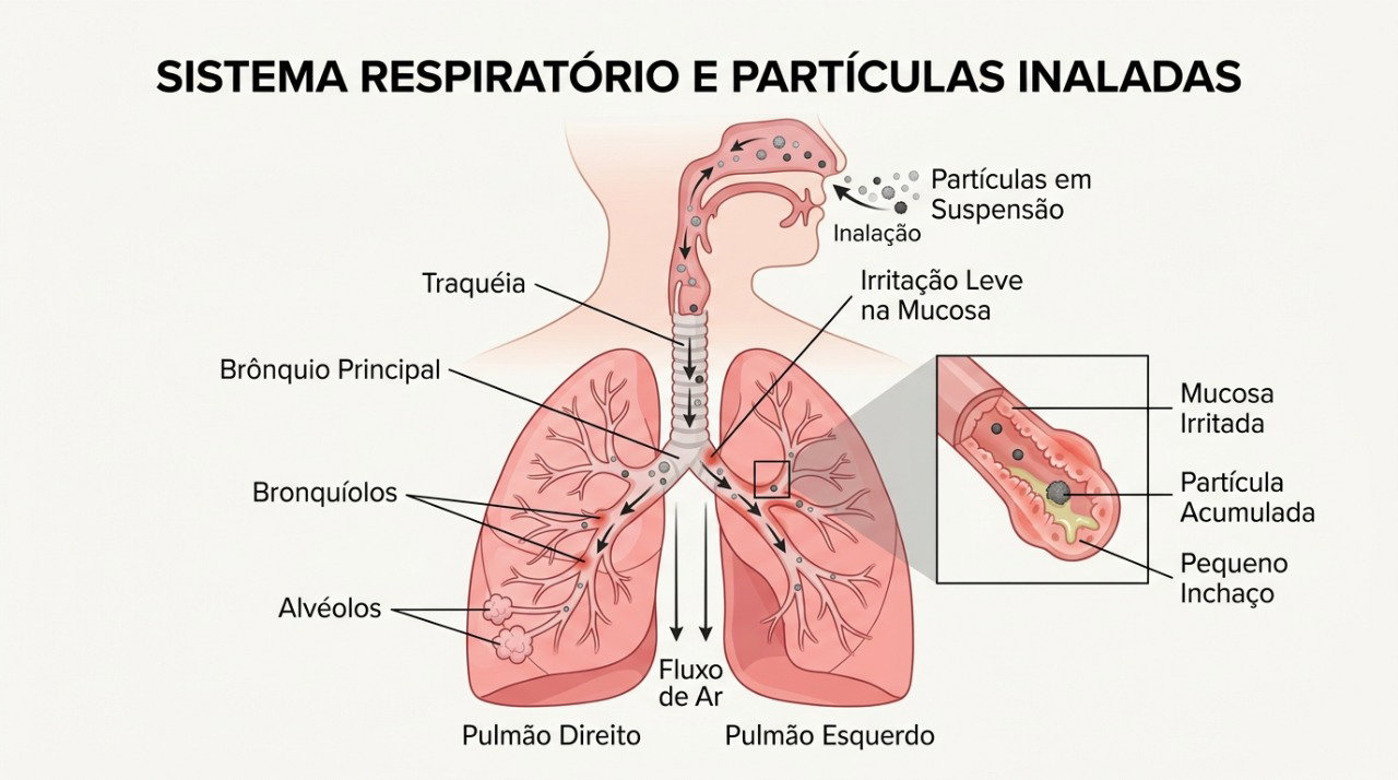 Partículas da poluição podem penetrar nos pulmões e favorecer tosse, chiado e irritação respiratória.