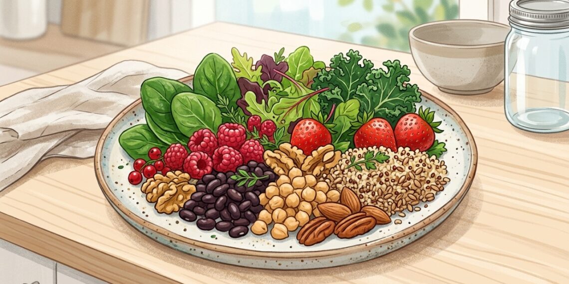 Folhas verdes, frutas vermelhas e outros alimentos aparecem em padrões alimentares estudados pela relação com a saúde do cérebro.