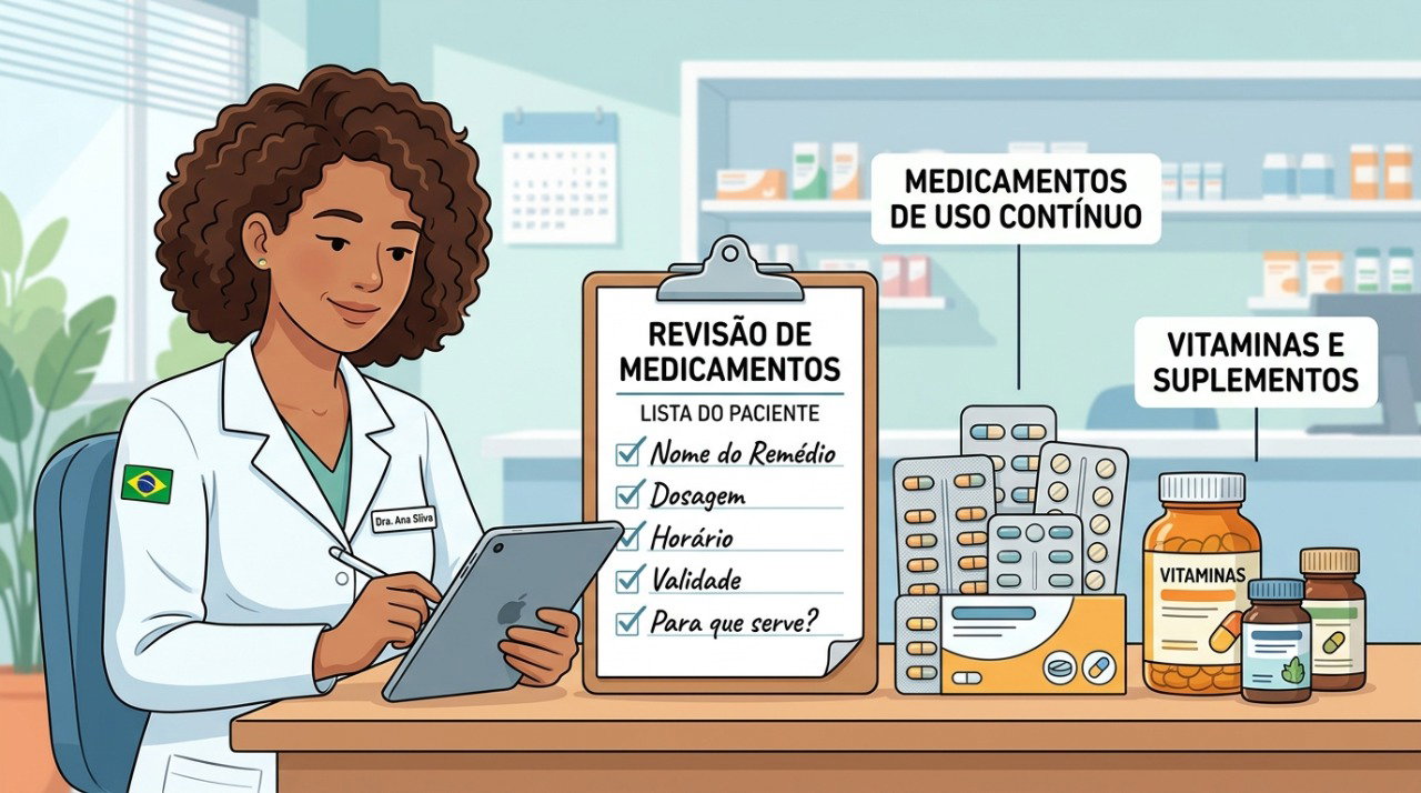 Revisar todos os medicamentos, vitaminas e suplementos pode ajudar a identificar possíveis causas da tontura.