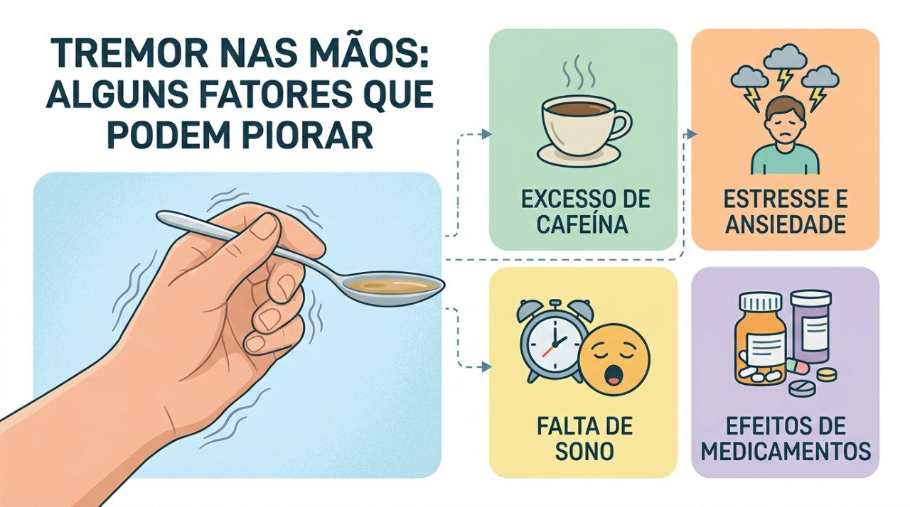 Cafeína, estresse, cansaço e alguns medicamentos podem tornar o tremor das mãos mais perceptível.