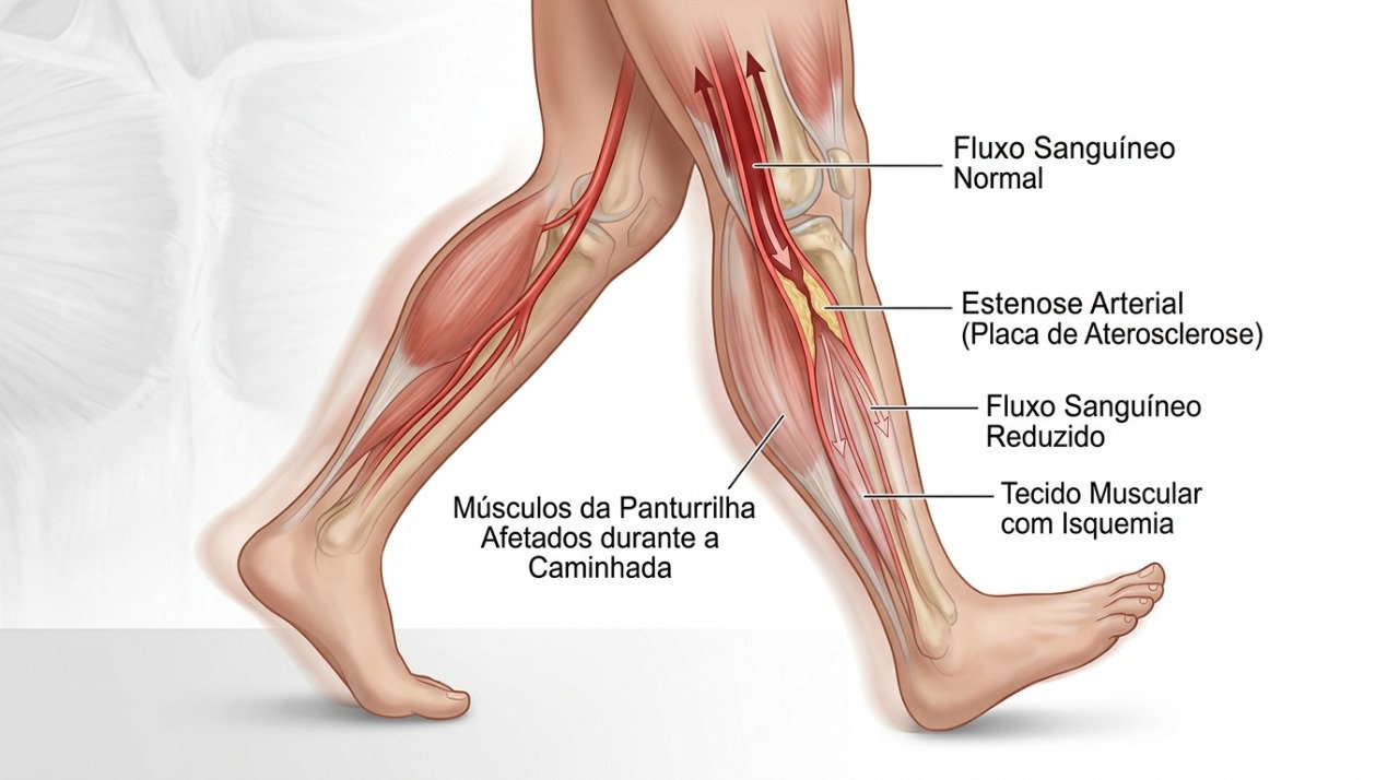 O estreitamento das artérias pode reduzir o fluxo sanguíneo e causar dor na panturrilha durante o esforço.