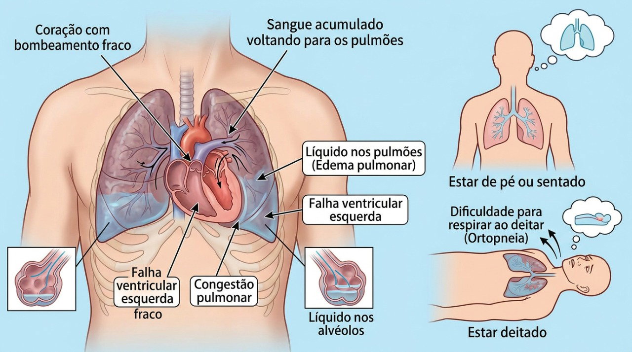 Problemas cardíacos podem favorecer congestão nos pulmões e piorar a falta de ar ao deitar.