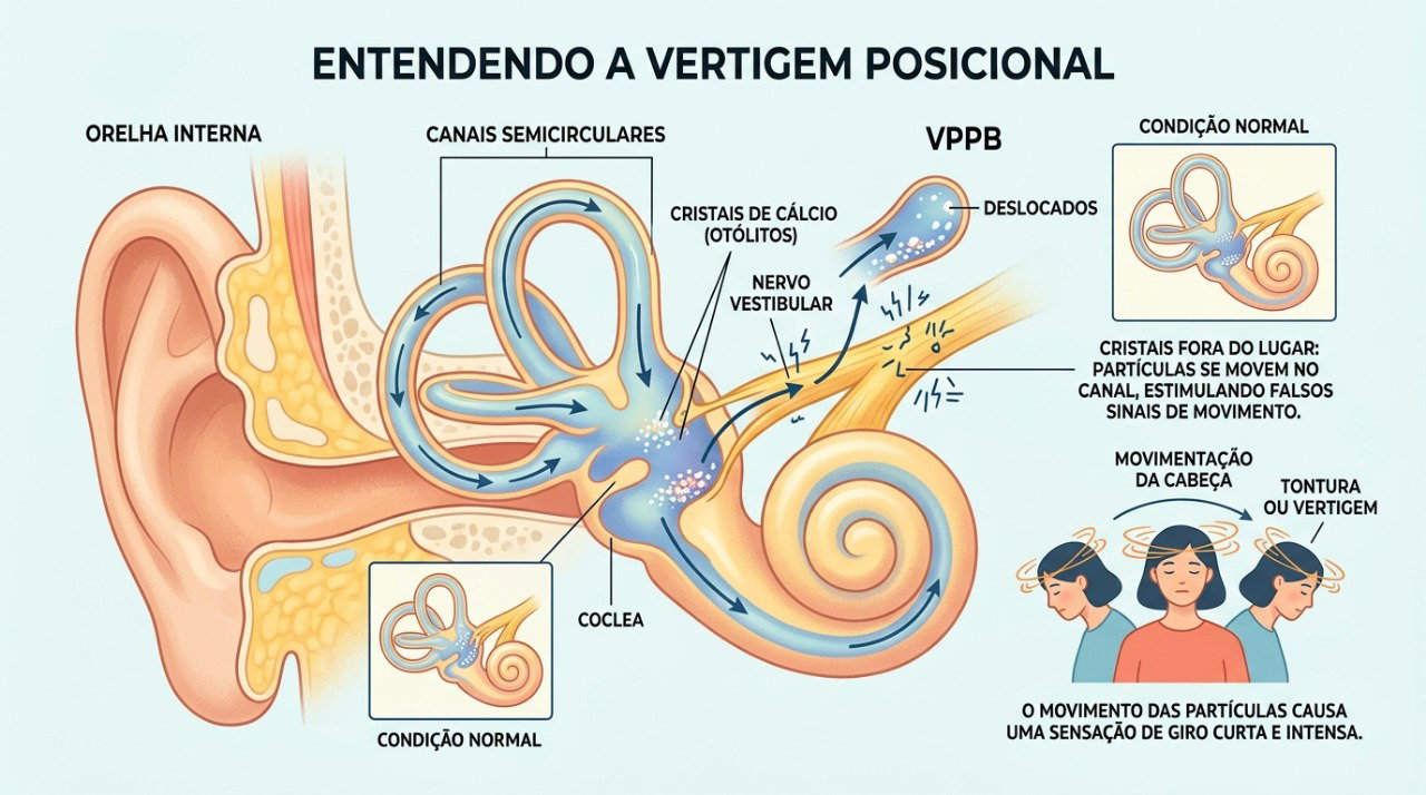 Na VPPB, pequenas partículas do ouvido interno podem se deslocar e provocar vertigem ao movimentar a cabeça.