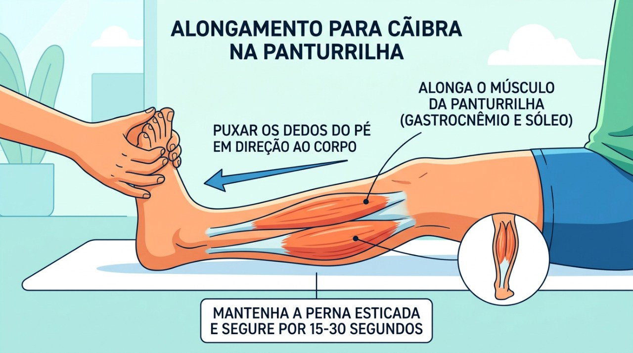 Alongar a panturrilha e flexionar o pé em direção ao corpo pode ajudar a aliviar uma câimbra.