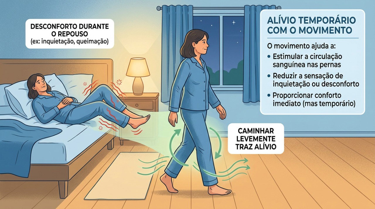 Na síndrome das pernas inquietas, caminhar ou movimentar as pernas costuma aliviar temporariamente o desconforto.