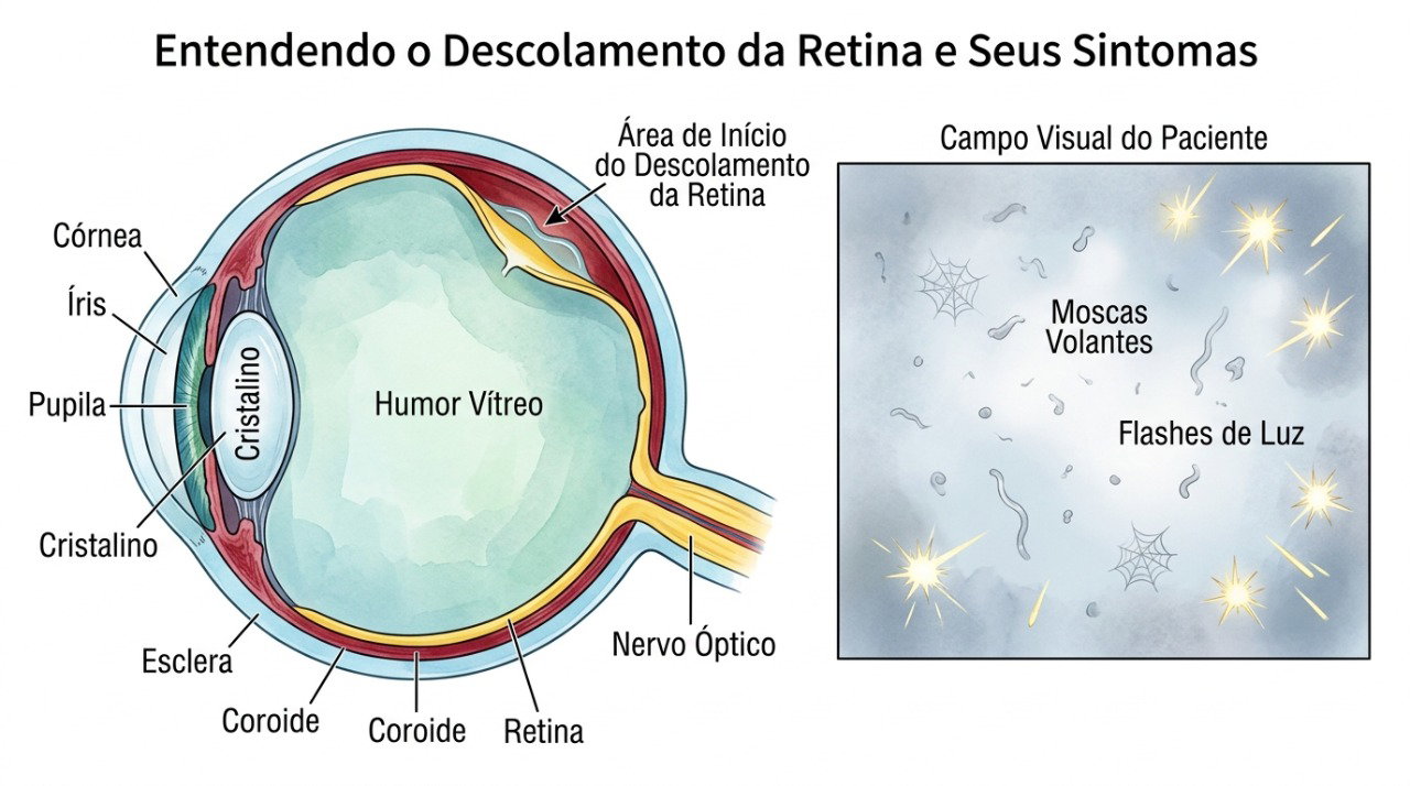 Clarões, novas moscas volantes e sombra na visão podem estar associados a alterações na retina.
