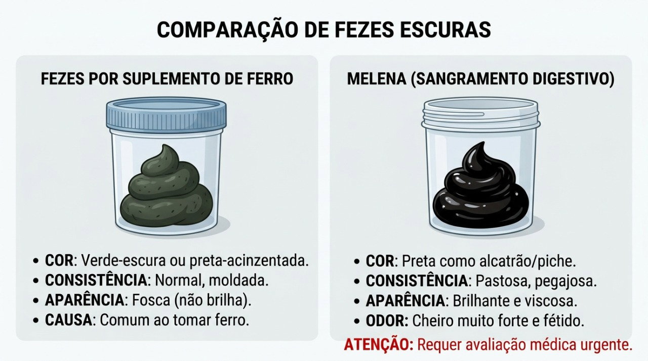 Fezes negras e pegajosas, semelhantes a piche, podem indicar sangramento e merecem avaliação médica.
