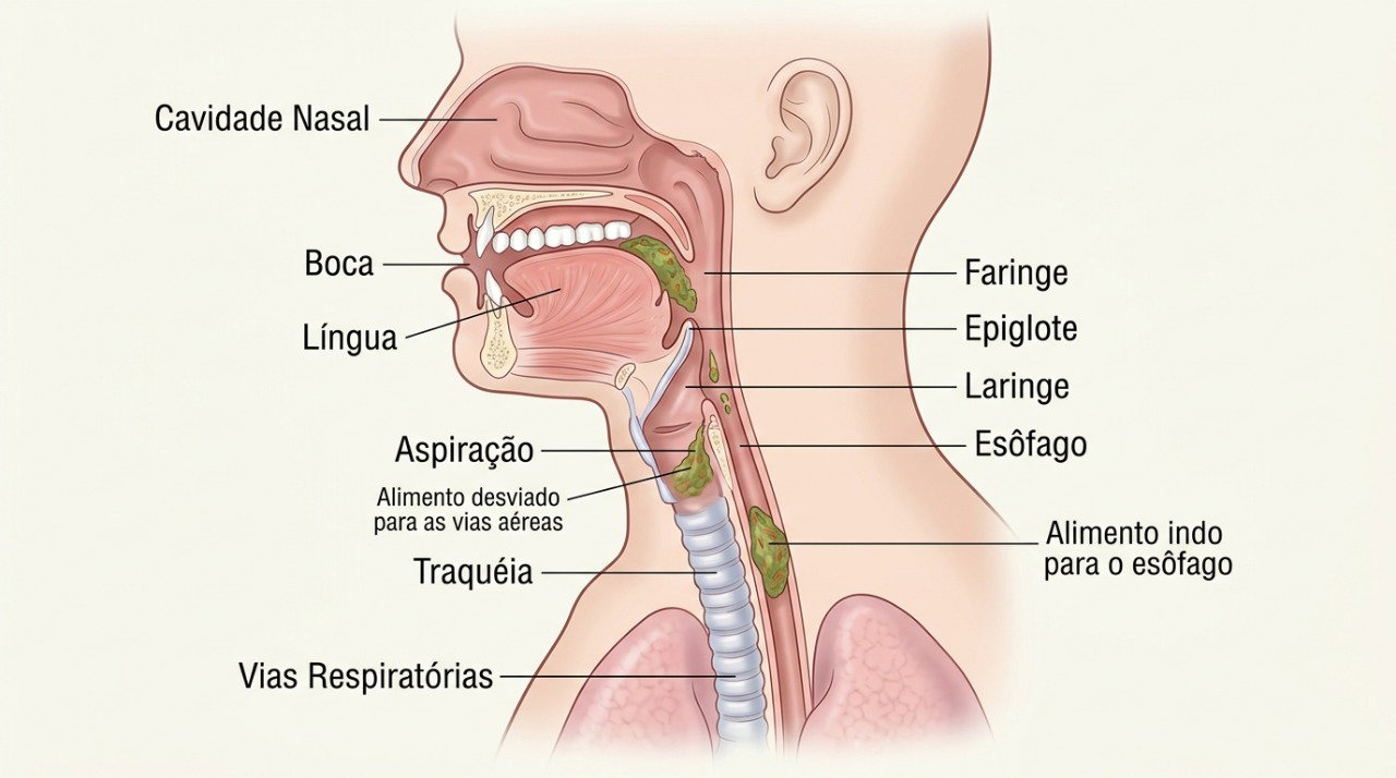 Na disfagia, alimentos ou líquidos podem seguir de forma inadequada em direção às vias respiratórias.