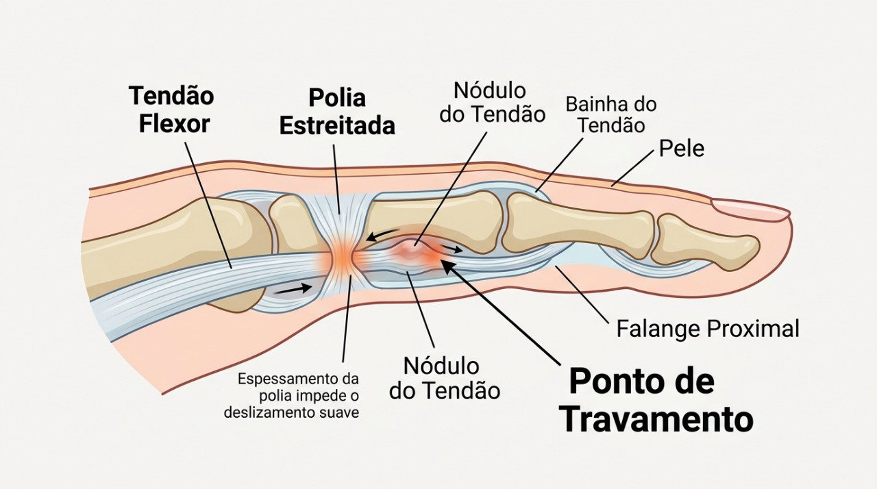 No dedo em gatilho, o tendão pode encontrar dificuldade para deslizar pela polia e provocar estalos ou travamento.