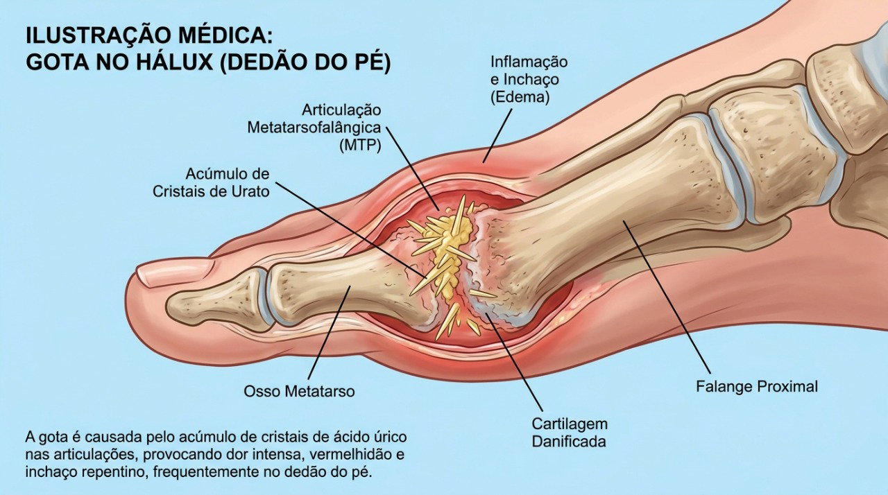 Na gota, cristais de urato podem se acumular na articulação e provocar inflamação intensa.
