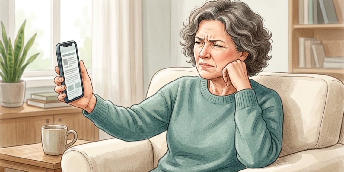 Afastar o celular para enxergar melhor de perto é um sinal comum de presbiopia.