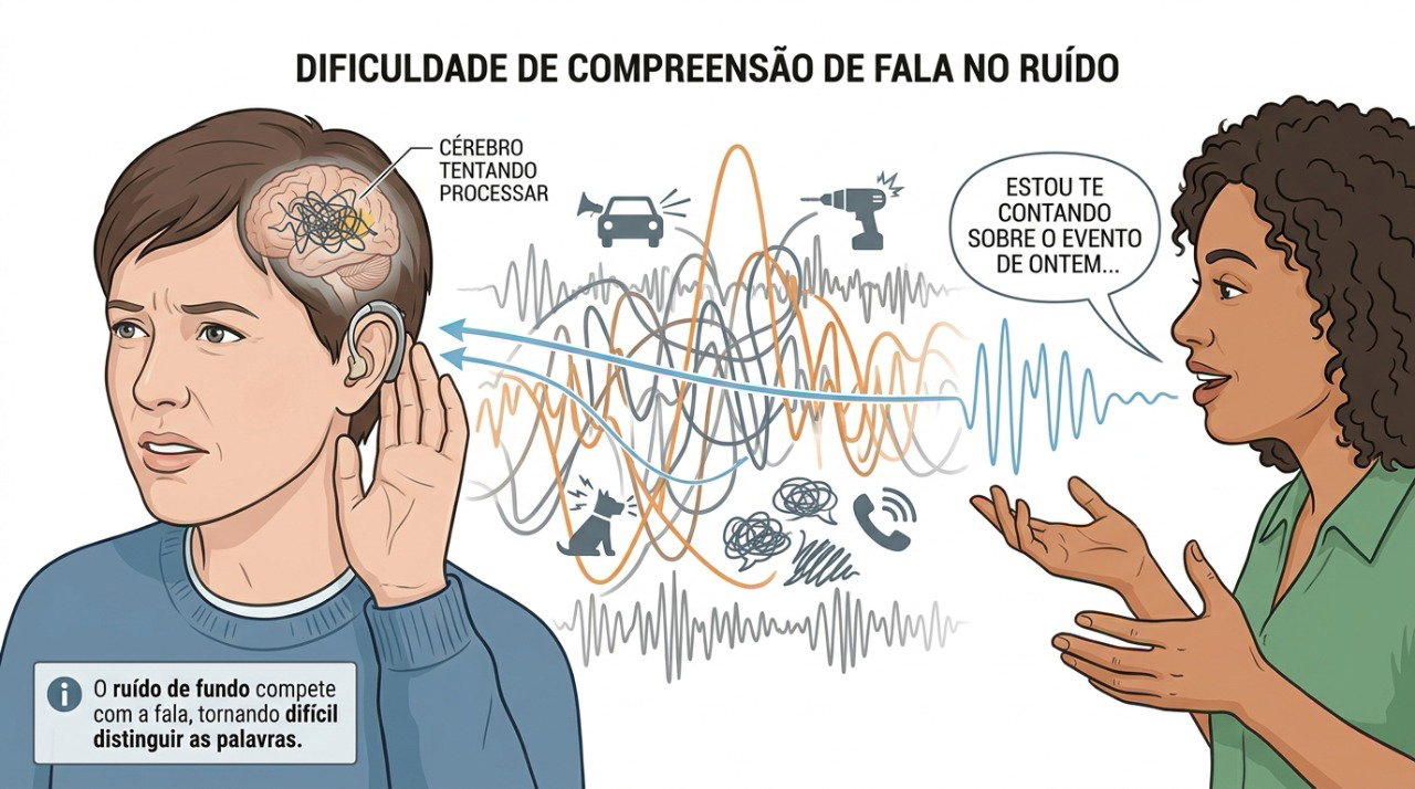 A perda auditiva pode tornar mais difícil entender palavras em ambientes com muito ruído.