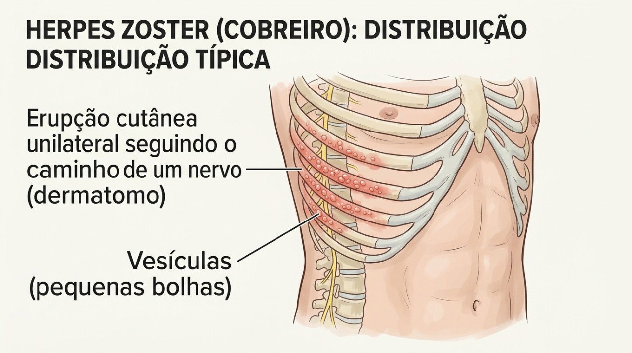 No herpes-zóster, as bolhas costumam seguir o trajeto de um nervo e aparecer em apenas um lado do corpo.