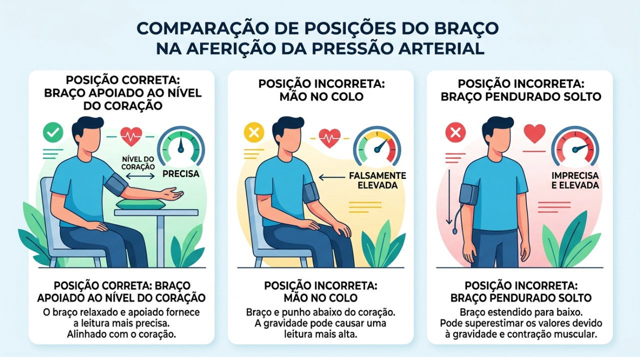Braço no colo ou solto ao lado do corpo pode fazer a pressão parecer mais alta.