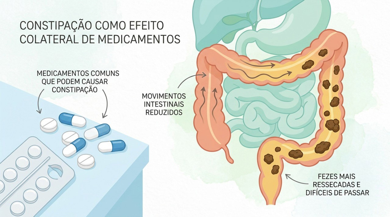 Alguns medicamentos podem reduzir o movimento intestinal ou deixar as fezes mais ressecadas.