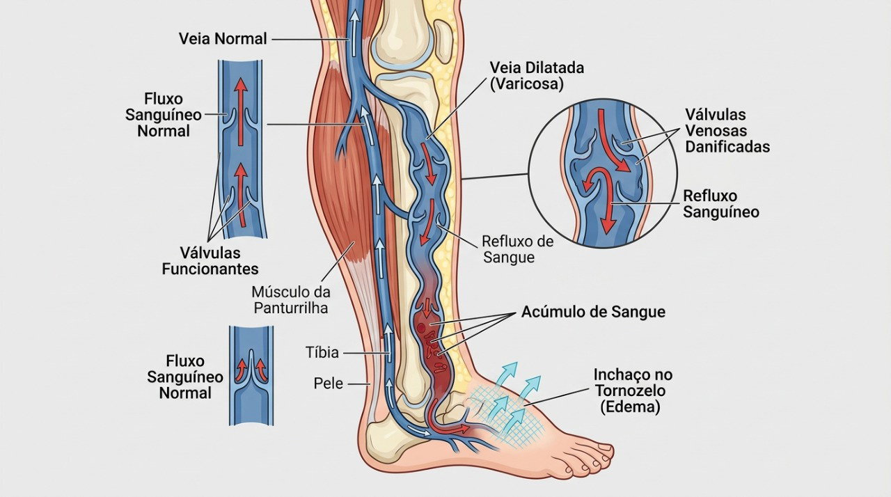 Quando as válvulas das veias funcionam mal, o sangue pode se acumular nas pernas e favorecer o inchaço.