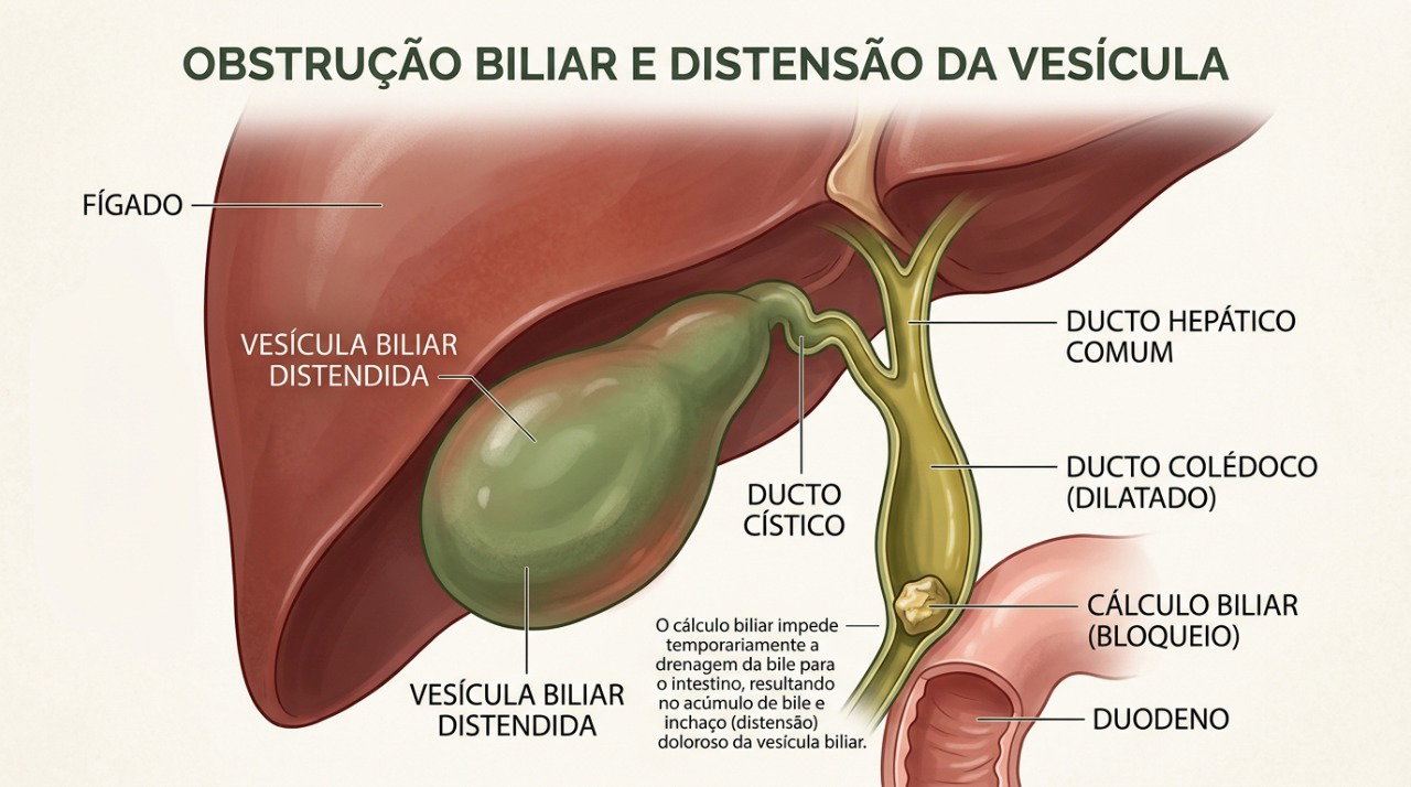 Uma pedra pode bloquear a saída da bile e provocar dor intensa após refeições gordurosas.