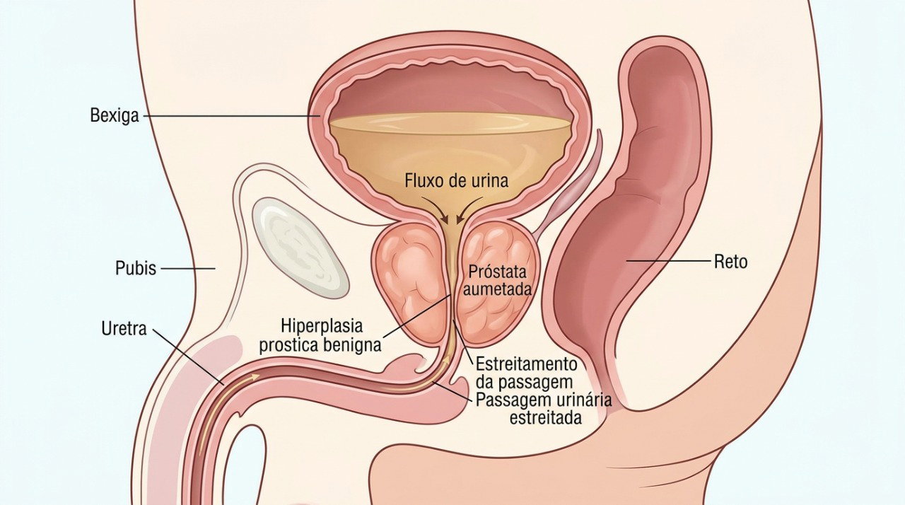 A próstata aumentada pode comprimir a uretra e dificultar a saída da urina.