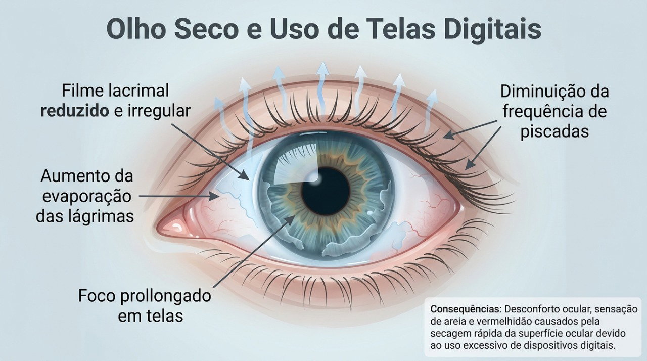 Piscar menos durante o uso prolongado de telas pode favorecer a evaporação da lágrima e o olho seco.