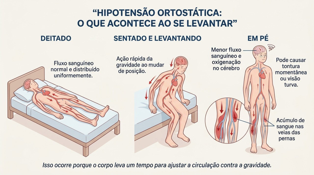 Na hipotensão ortostática, a pressão pode cair ao levantar e causar tontura, fraqueza ou visão turva.