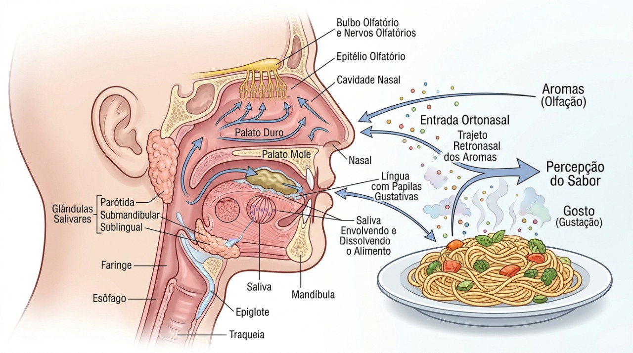 O olfato e a saliva participam diretamente da percepção completa do sabor dos alimentos.