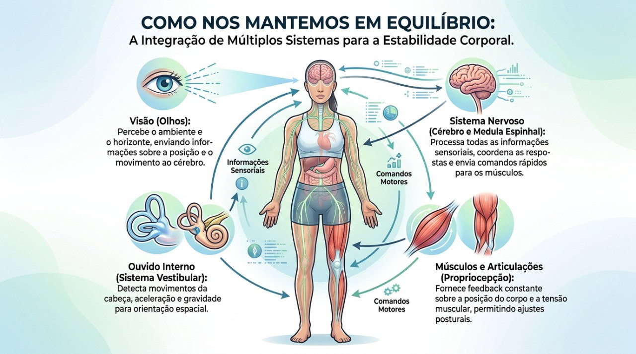 O equilíbrio depende da integração entre visão, ouvido interno, músculos, articulações e sistema nervoso.