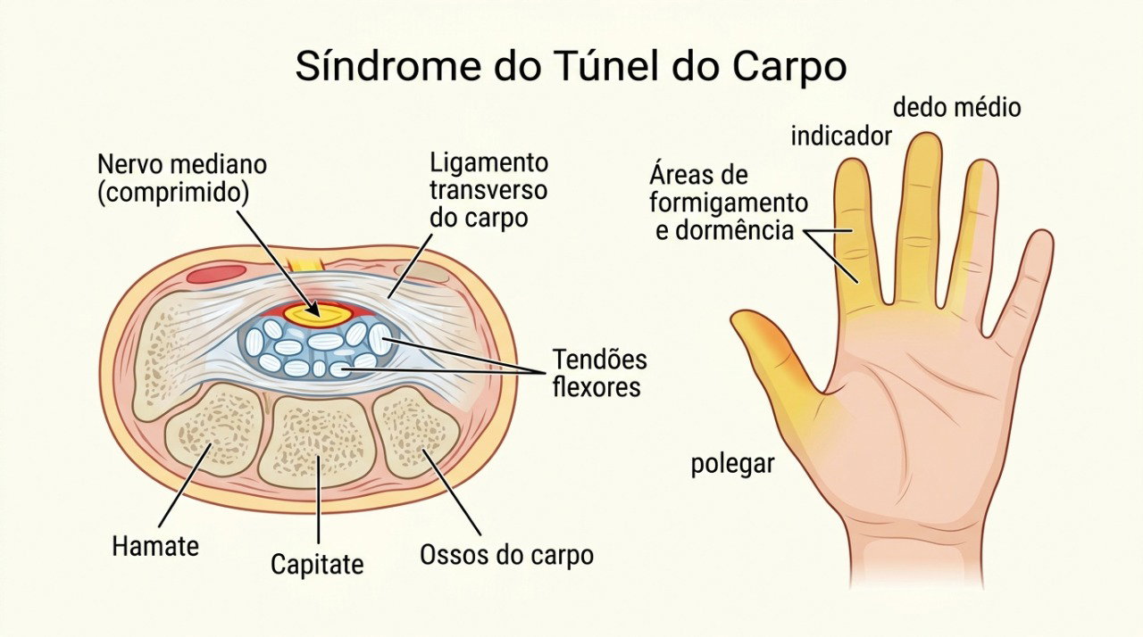 No túnel do carpo, a compressão do nervo mediano pode causar formigamento, dormência e perda de força na mão.