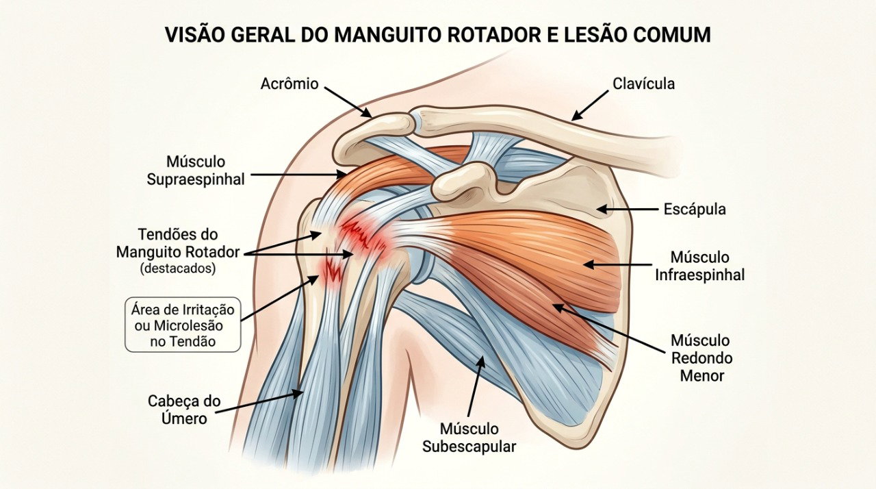 Os tendões do manguito rotador podem ficar irritados ou lesionados e causar dor ao elevar o braço.