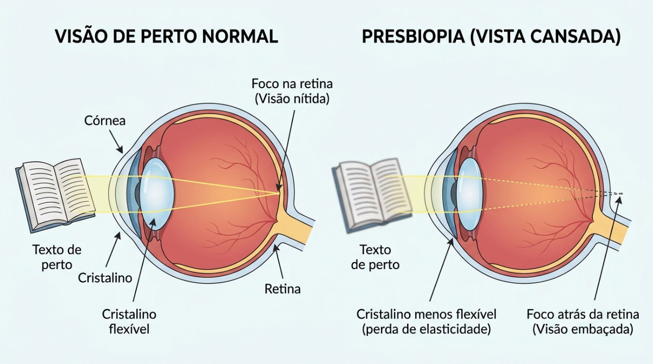 Com o avanço da idade, o cristalino perde flexibilidade e o foco em objetos próximos pode ficar mais difícil.
