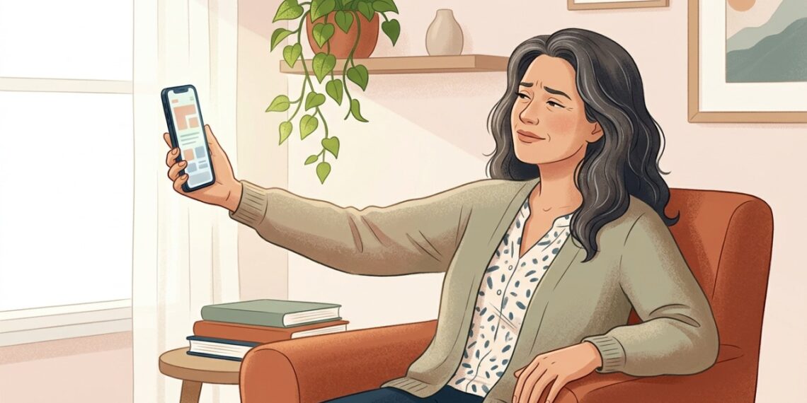 Afastar o celular para enxergar melhor de perto pode ser um sinal comum de presbiopia após os 40 anos.