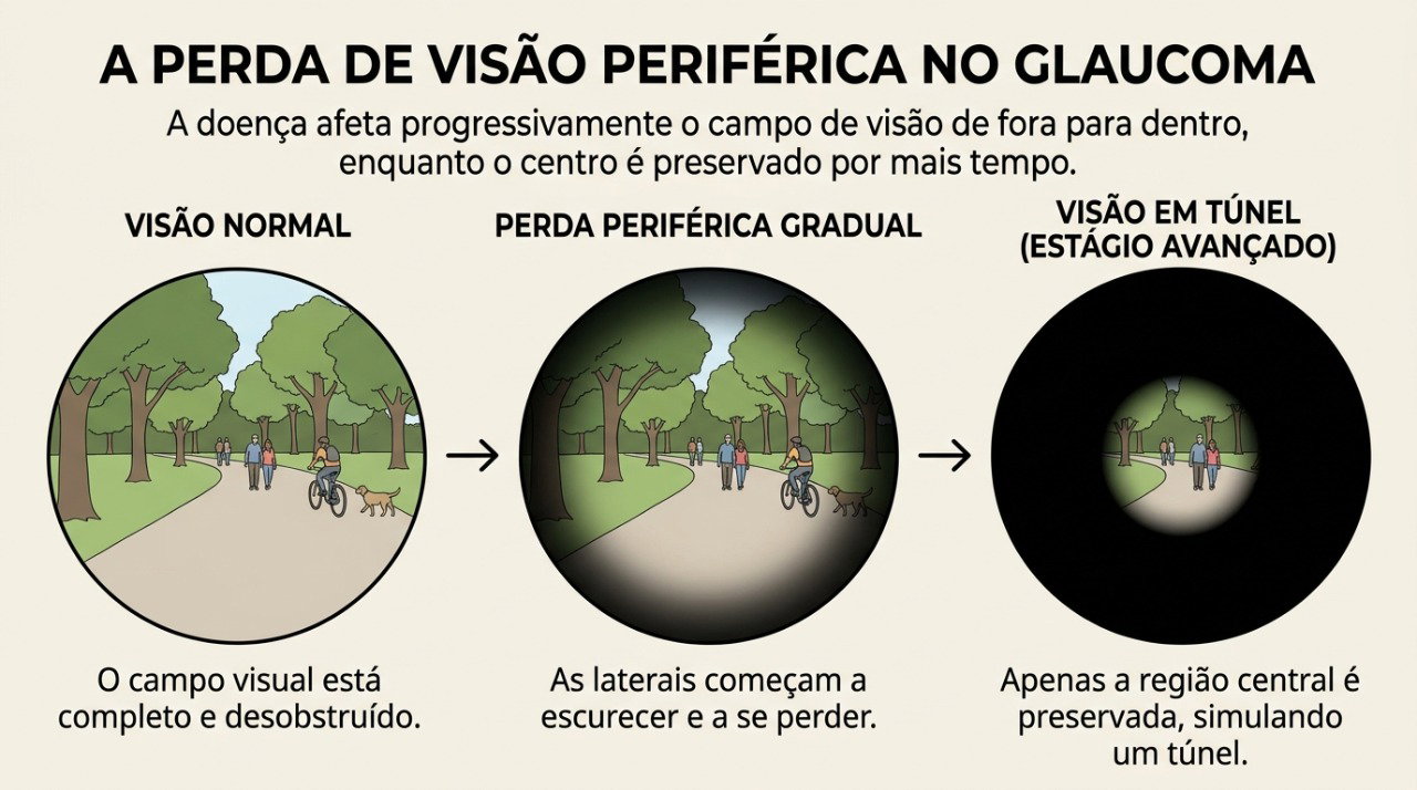 O glaucoma pode reduzir gradualmente o campo visual lateral antes de causar alterações percebidas na visão central.