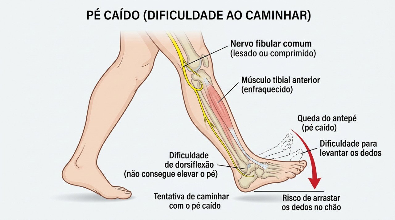 O pé caído pode acontecer quando músculos ou nervos responsáveis por levantar o pé não funcionam adequadamente.
