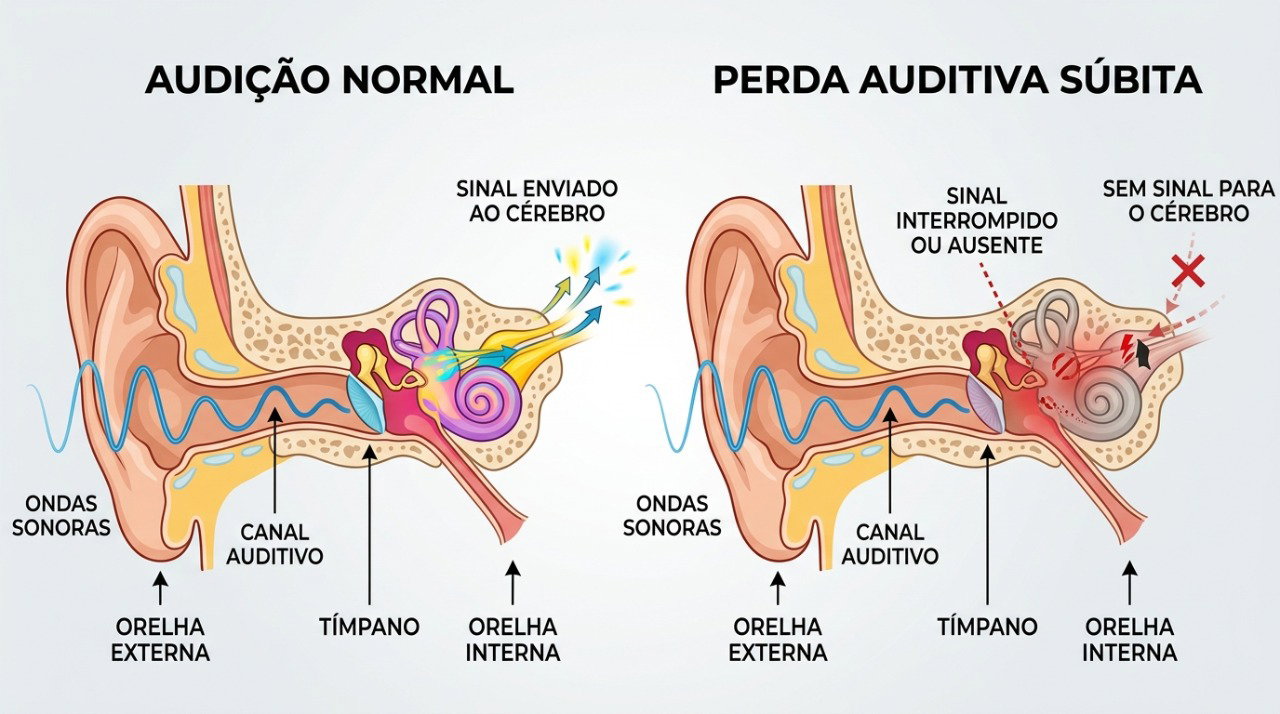 A perda súbita de audição costuma afetar um ouvido e pode vir acompanhada de zumbido, pressão ou tontura.