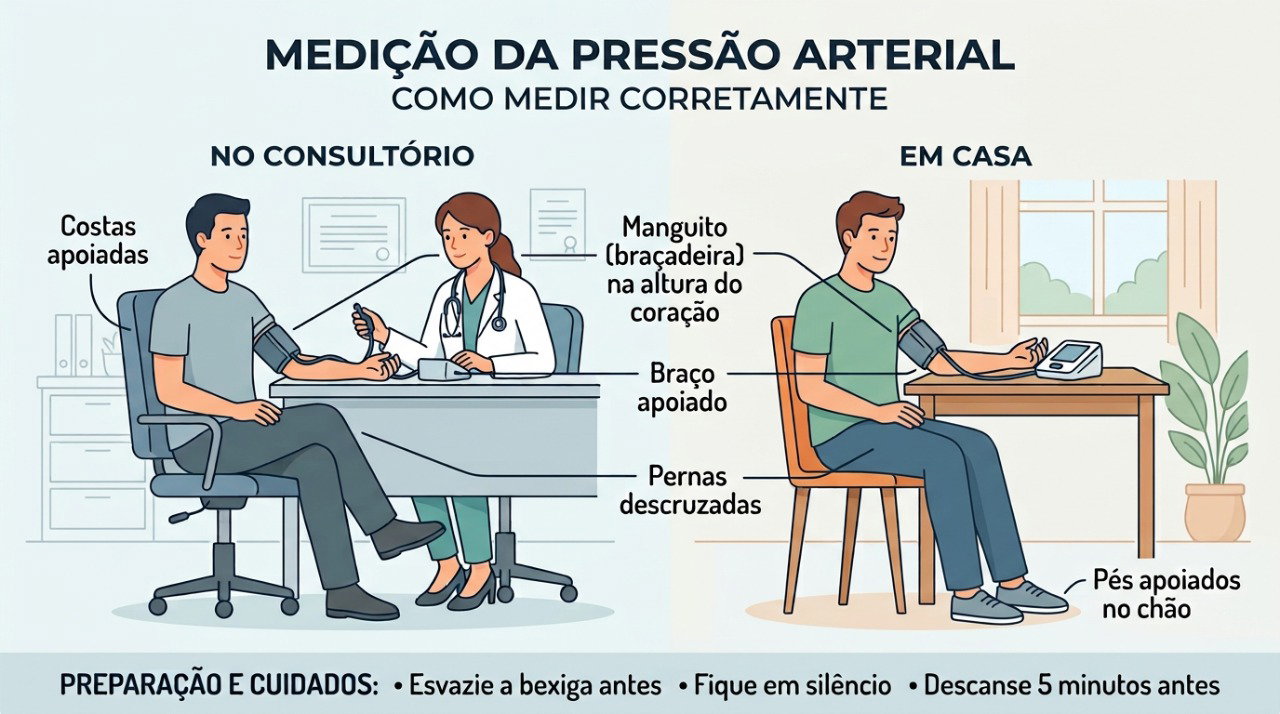 Medir a pressão corretamente em casa ajuda a comparar os valores do dia a dia com os registrados no consultório.