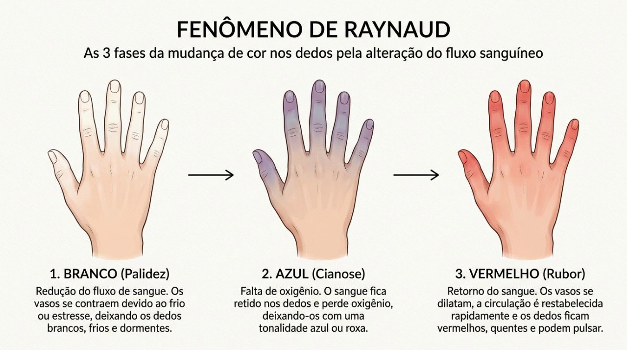 No fenômeno de Raynaud, os dedos podem mudar de branco para azul e depois vermelho conforme a circulação se altera.