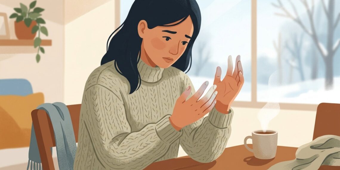 Dedos que ficam brancos ou azulados no frio podem apresentar o padrão típico do fenômeno de Raynaud.