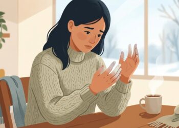 Dedos que ficam brancos ou azulados no frio podem apresentar o padrão típico do fenômeno de Raynaud.