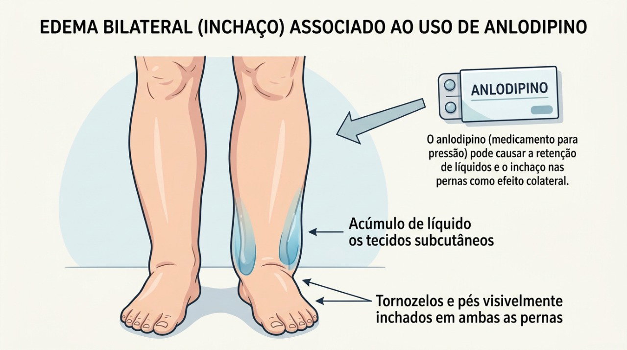 O anlodipino pode favorecer inchaço nos pés e tornozelos, geralmente de forma semelhante nos dois lados.
