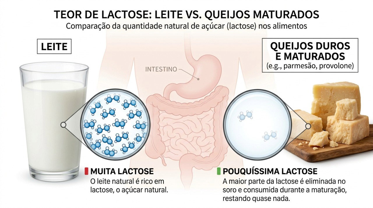 Queijos duros e maturados costumam ter menos lactose do que o leite e podem ser melhor tolerados por algumas pessoas.