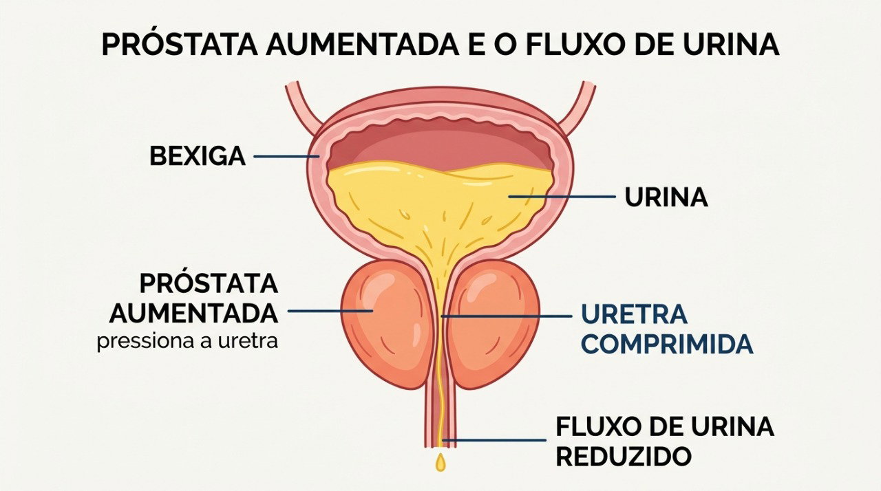 O aumento da próstata pode comprimir a uretra e dificultar a saída da urina.