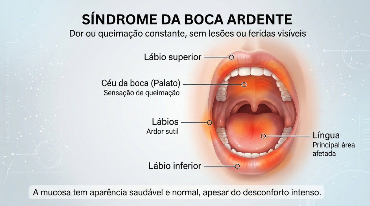 Na síndrome da boca ardente, a queimação pode ocorrer mesmo quando a mucosa parece normal ao exame visual.