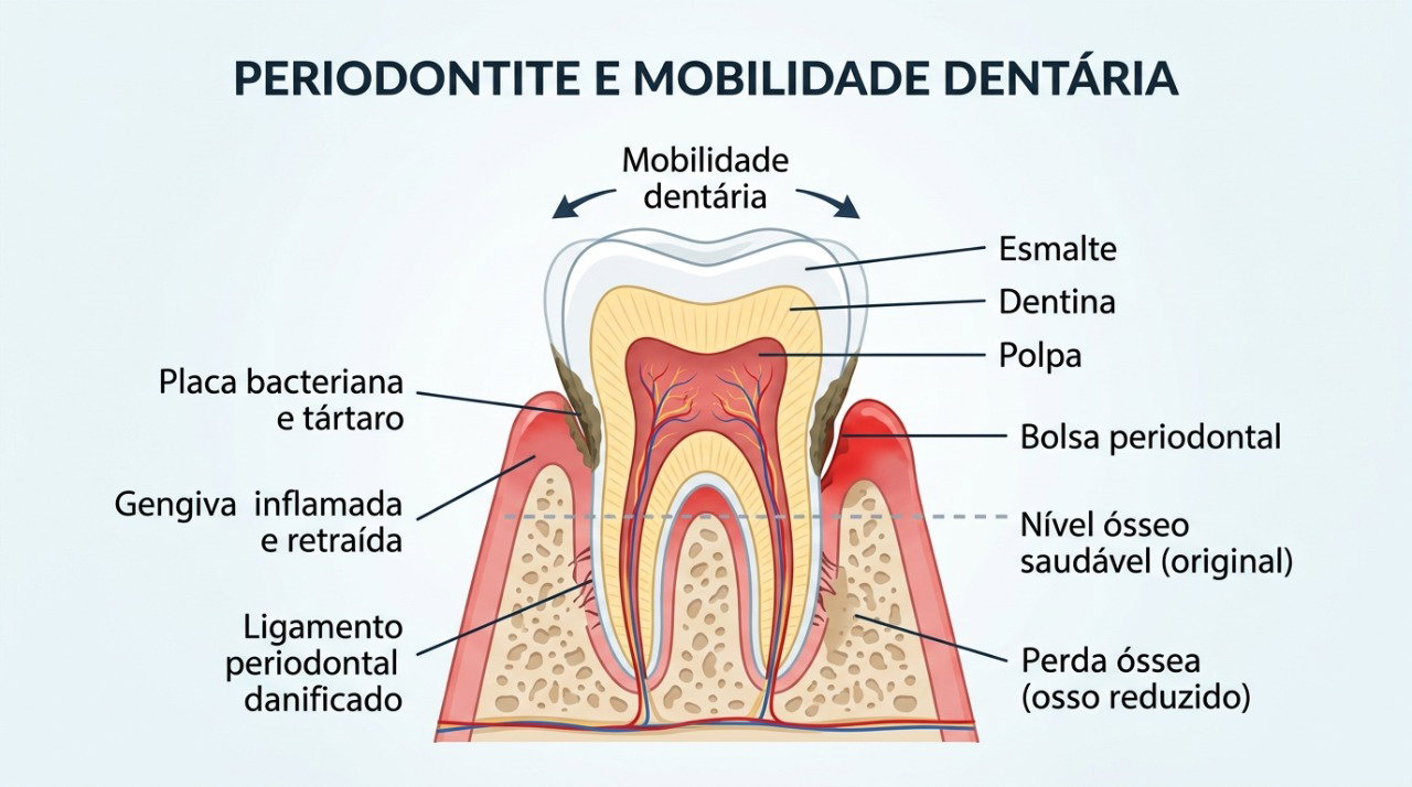 Na periodontite, a inflamação pode atingir os tecidos e o osso que mantêm o dente firme.