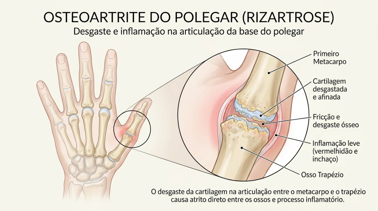 Na artrose do polegar, o desgaste da articulação pode causar dor, rigidez e perda de força de pinça.