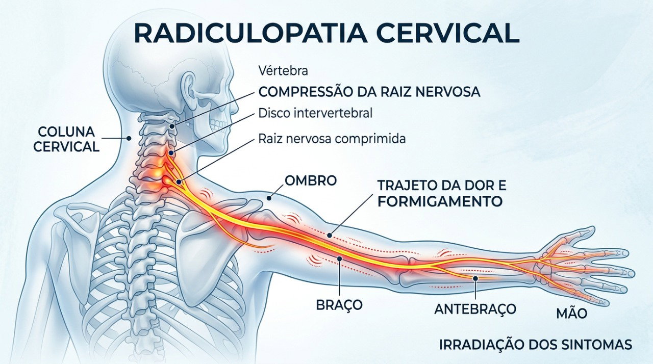 Na radiculopatia cervical, a compressão de uma raiz nervosa pode causar dor, dormência e fraqueza no braço.