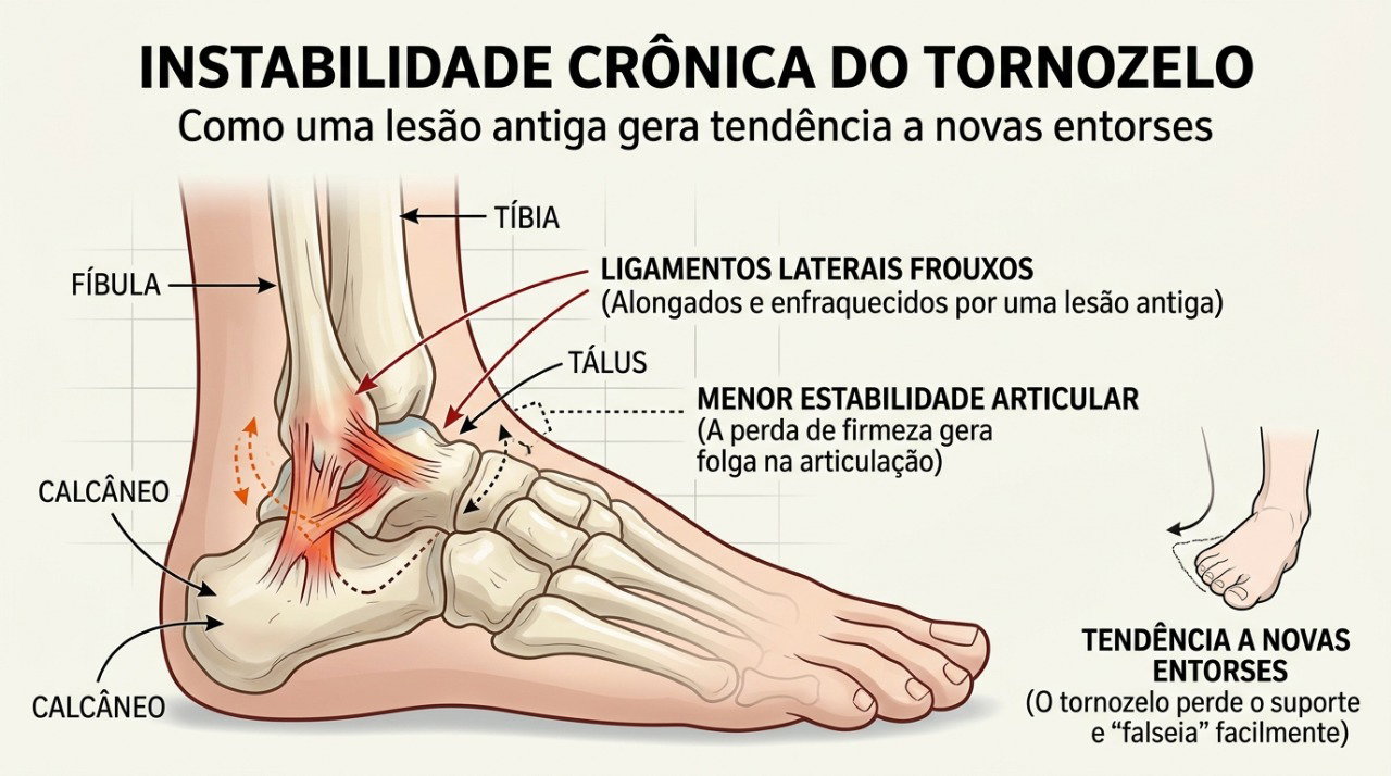 Entorses antigas podem deixar os ligamentos mais frouxos e favorecer episódios repetidos de instabilidade no tornozelo.