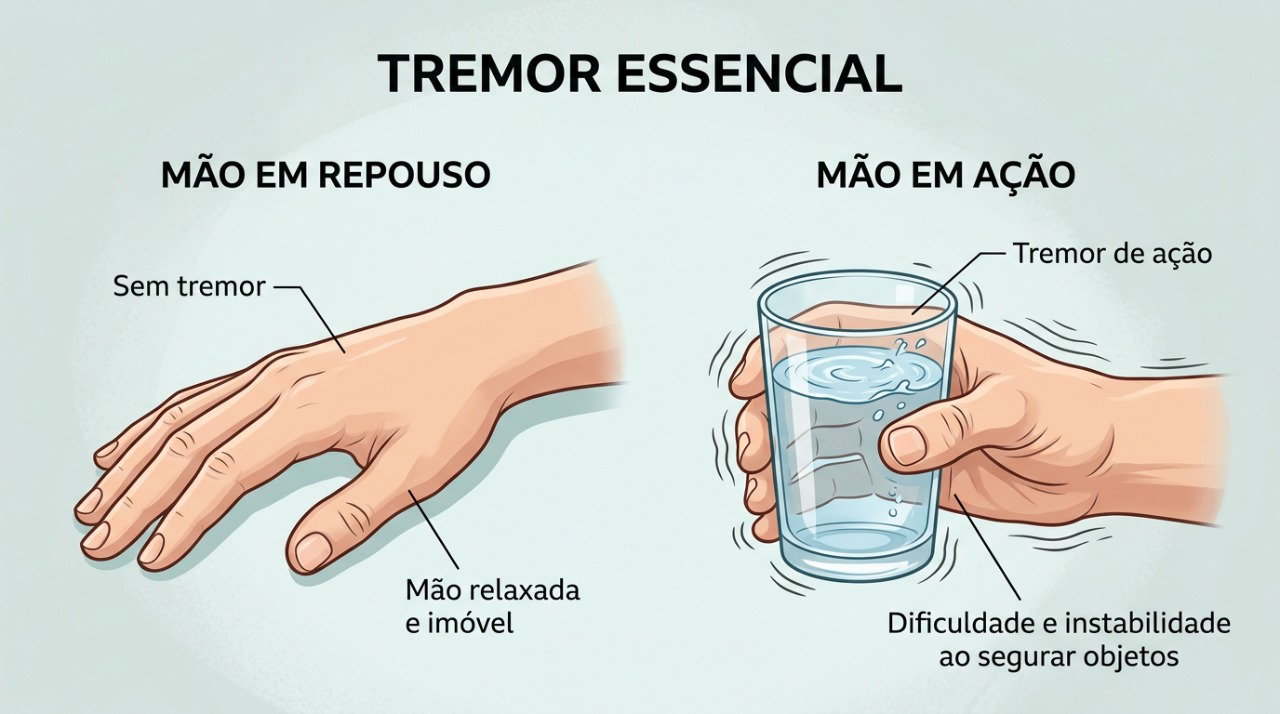 No tremor essencial, o movimento involuntário costuma ficar mais evidente durante tarefas ou ao manter os braços em posição.