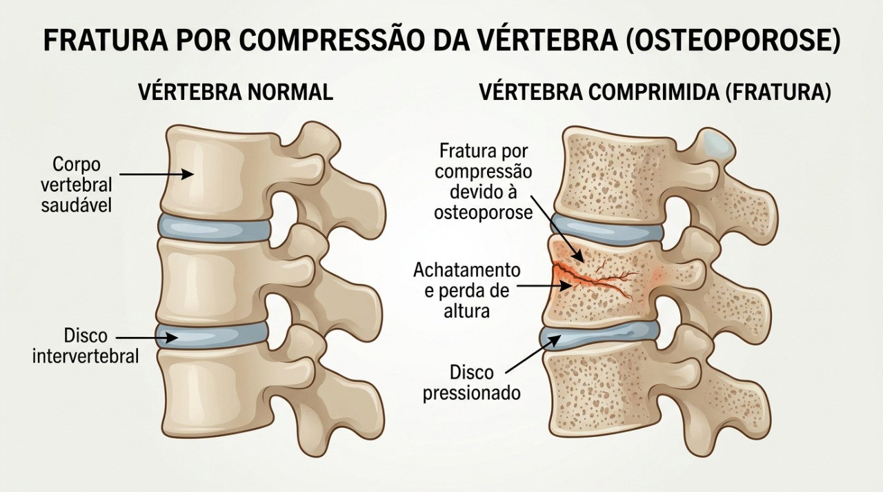 Fraturas por compressão das vértebras podem reduzir a altura e deixar a postura mais curvada.