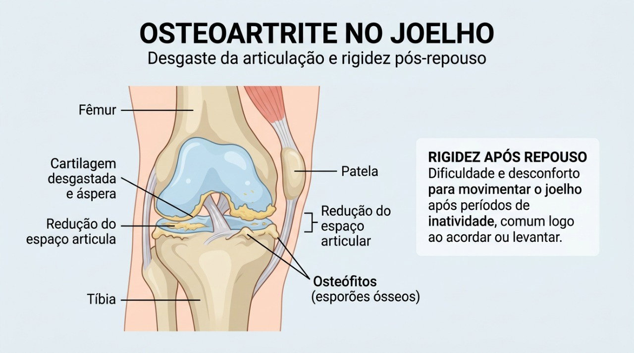 Na artrose, o desgaste das estruturas do joelho pode causar rigidez, dor e dificuldade para movimentar a articulação.
