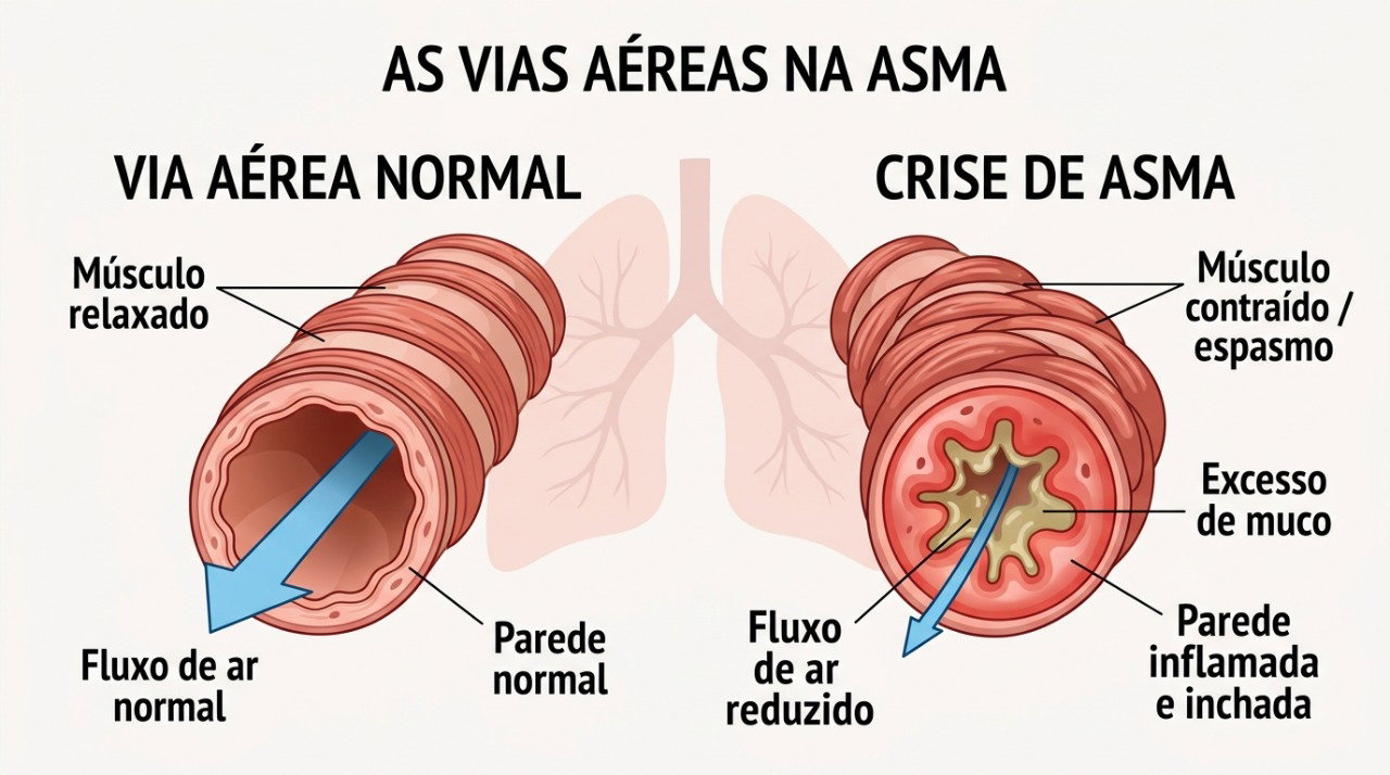 Na asma, as vias respiratórias podem ficar inflamadas e mais estreitas, provocando chiado, tosse e falta de ar.