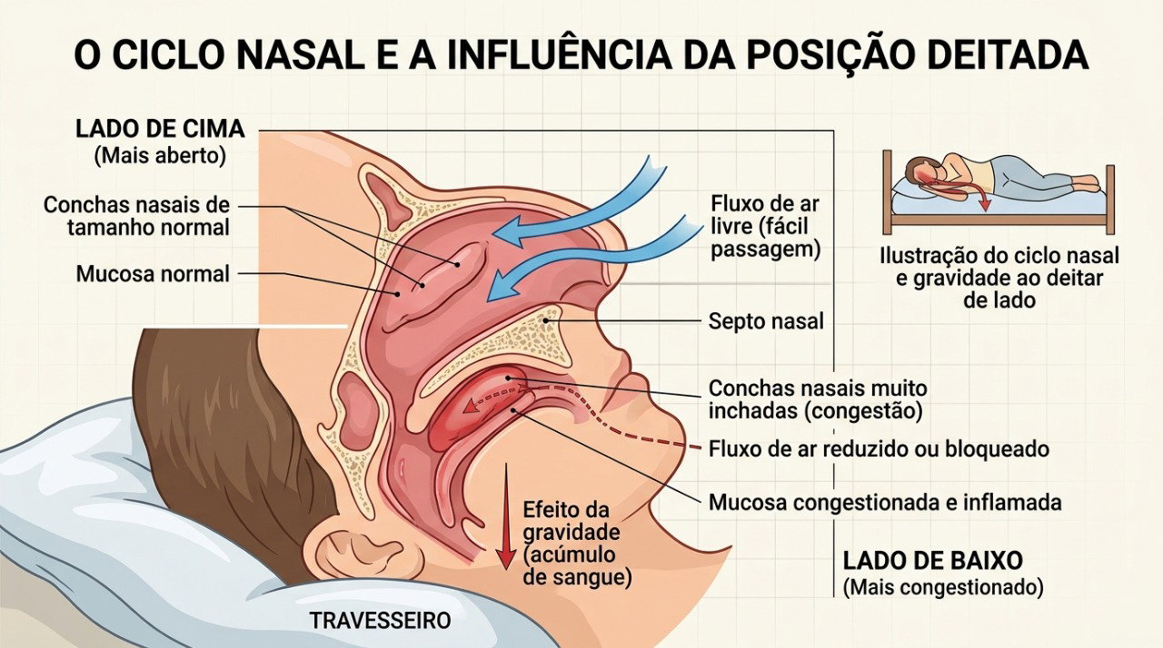 O ciclo nasal alterna naturalmente qual narina fica mais aberta, e deitar de lado pode tornar essa diferença mais evidente.